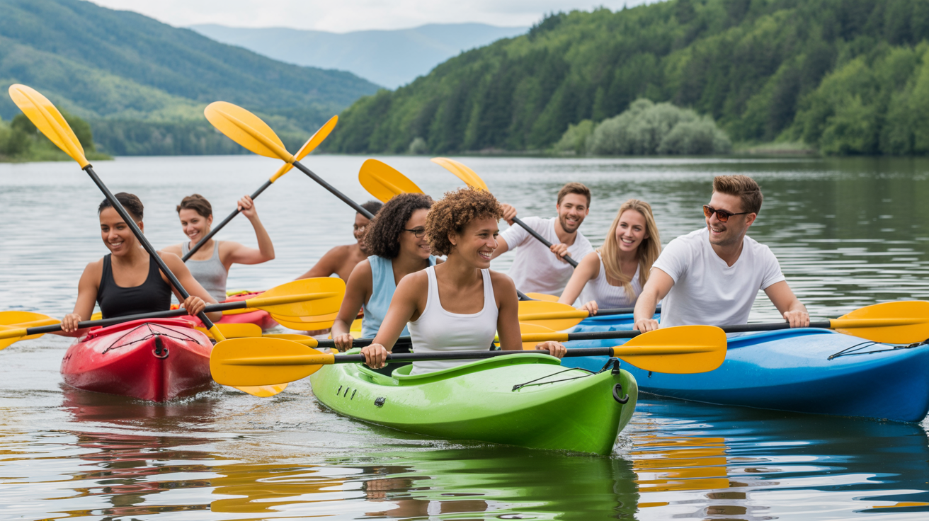 Friends kayaking together on a scenic Austin lake