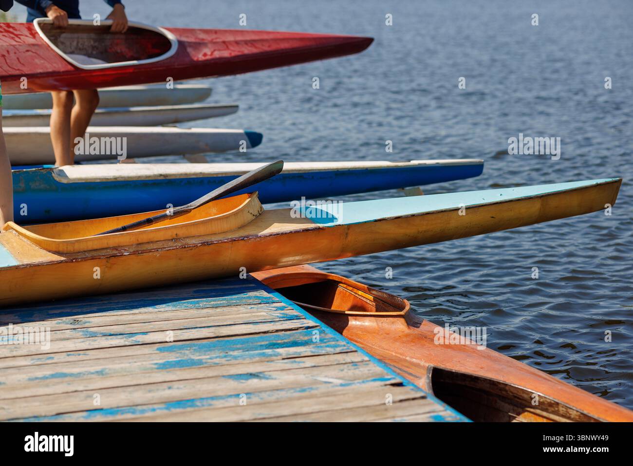 Colorful single kayaks lined up at a dock