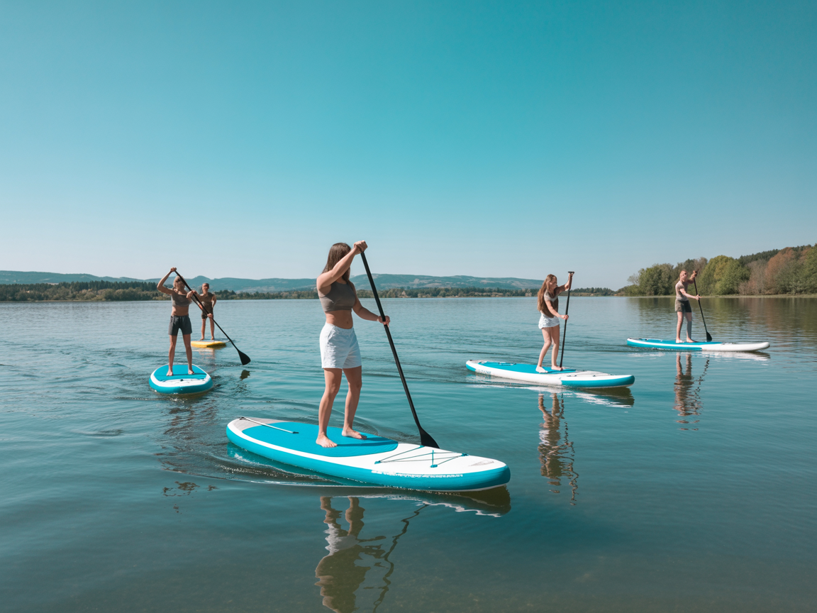 Stand-up paddle boarding on calm lake water
